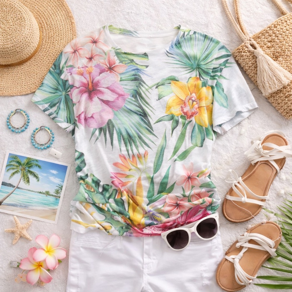 Tropical Floral Short Sleeve Tee - White with Pink & Yellow Flowers